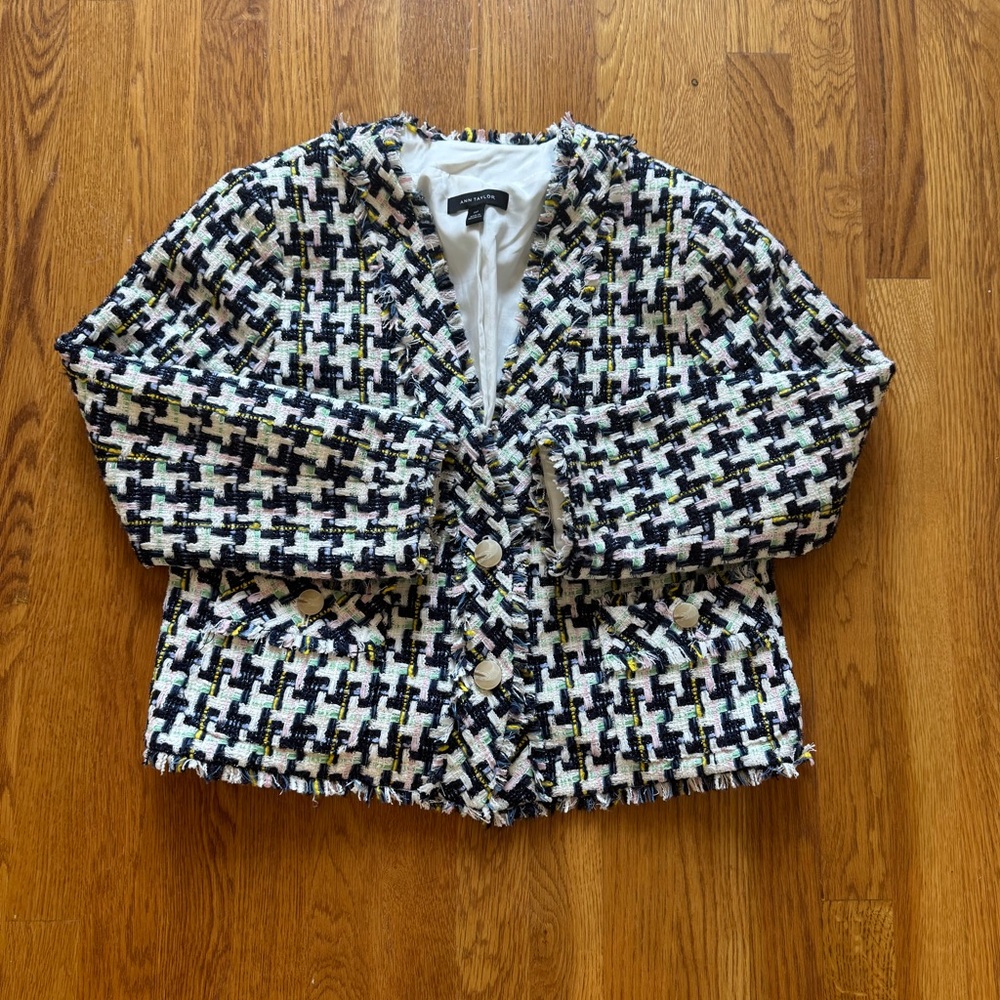 Ann Taylor Muticolor Tweed Fringe Cardigan | Size 10p